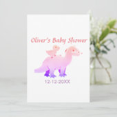 Rood roze blauw paarse dinosaurus baby shower datu kaart (Staand voorkant)