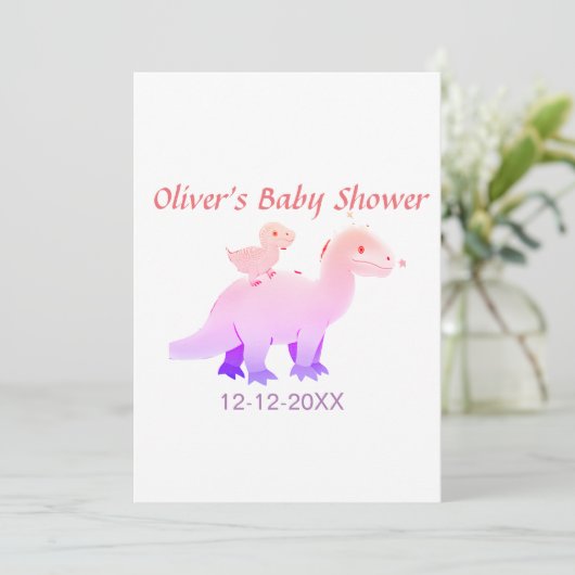 Rood roze blauw paarse dinosaurus baby shower datu kaart (Staand voorkant)