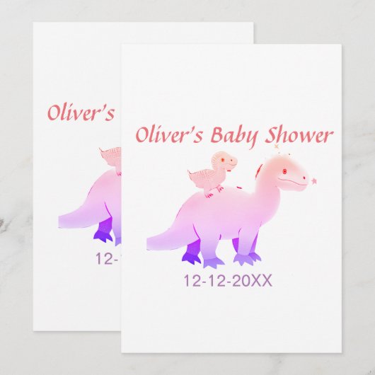 Rood roze blauw paarse dinosaurus baby shower datu kaart (Voorkant / Achterkant)