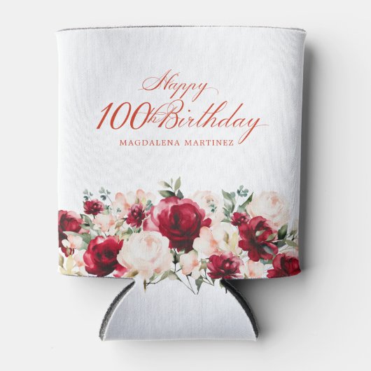 Rood Roze Bloemen 100e Verjaardag gepersonaliseerd Blikjeskoeler (Voorkant)