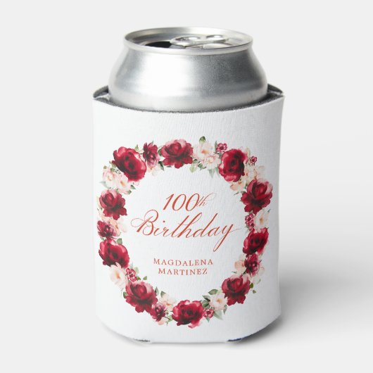 Rood Roze Bloemen 100e Verjaardag gepersonaliseerd Blikjeskoeler (Blikje Voorkant)