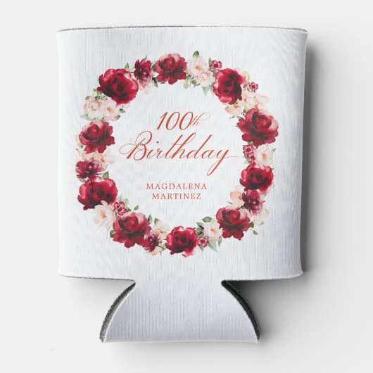 Rood Roze Bloemen 100e Verjaardag gepersonaliseerd Blikjeskoeler (Voorkant)