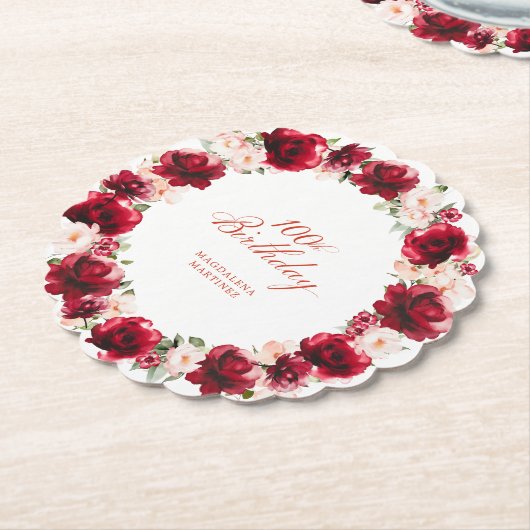 Rood Roze Bloemen 100e Verjaardagsfeest gepersonal Kartonnen Onderzetters (Gekanteld)