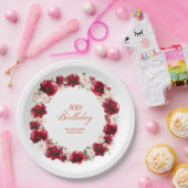 Rood Roze Bloemen 100e Verjaardagsfeest gepersonal Papieren Bordje (Feest)