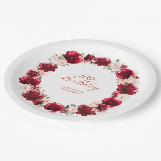 Rood Roze Bloemen 100e Verjaardagsfeest gepersonal Papieren Bordje (Gekanteld)