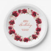Rood Roze Bloemen 100e Verjaardagsfeest gepersonal Papieren Bordje (Voorkant)