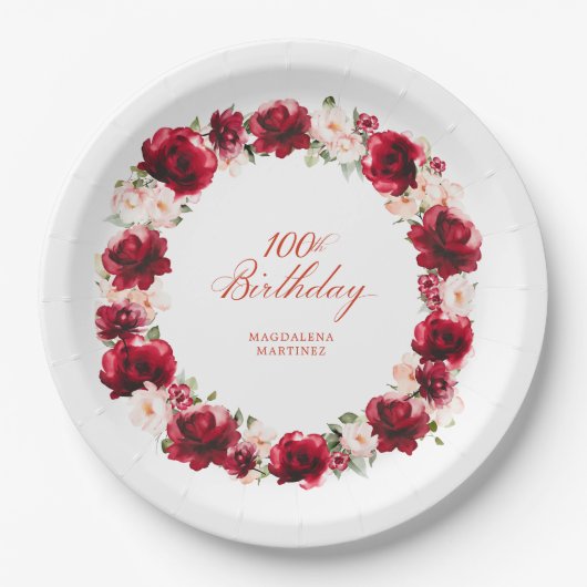 Rood Roze Bloemen 100e Verjaardagsfeest gepersonal Papieren Bordje (Voorkant)