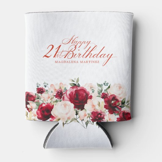 Rood Roze Bloemen 21e Verjaardag gepersonaliseerd Blikjeskoeler (Voorkant)