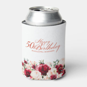 Rood Roze Bloemen 50ste Verjaardag gepersonaliseer Blikjeskoeler