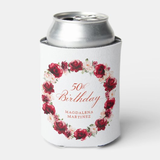 Rood Roze Bloemen 50ste Verjaardag gepersonaliseer Blikjeskoeler (Blikje Voorkant)