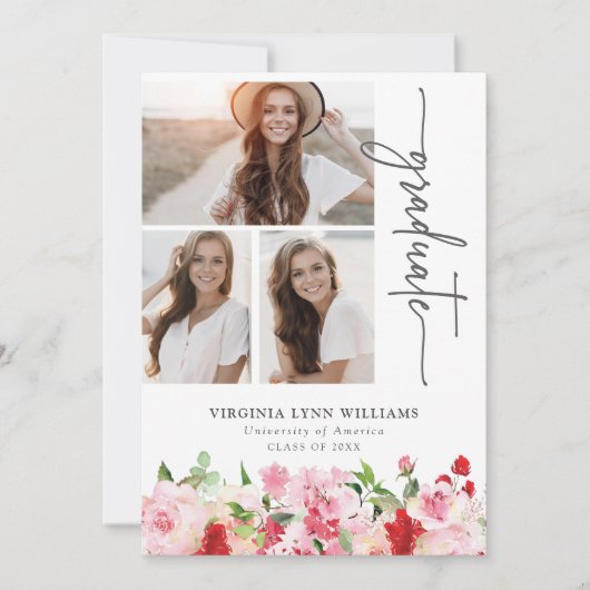 Rood Roze Bloemen Afstuderen Aankondiging (Voorkant)