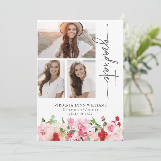 Rood Roze Bloemen Afstuderen Aankondiging (Staand voorkant)