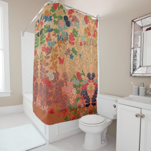 ROOD ROZE BLOEMEN, BLADEREN ANTIEK JAPANSE BLOEMEN DOUCHEGORDIJN (In situ)