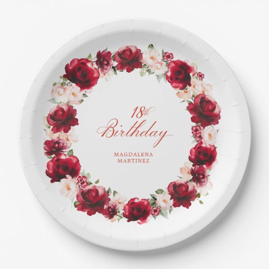 Rood Roze Bloemen Gepersonaliseerd 18e Verjaardags Papieren Bordje (Voorkant)