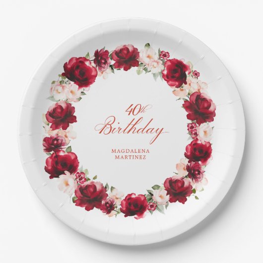 Rood Roze Bloemen Gepersonaliseerd 40e Verjaardags Papieren Bordje (Voorkant)