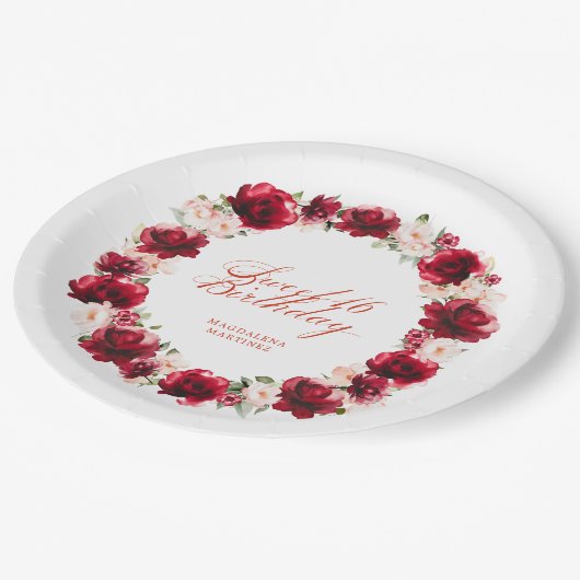 Rood Roze Bloemen Gepersonaliseerd Zoet 16 Verjaar Papieren Bordje (Gekanteld)
