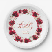 Rood Roze Bloemen Gepersonaliseerd Zoet 16 Verjaar Papieren Bordje (Voorkant)