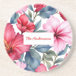 Rood Roze Bloemen Waterverf Elegant Zandsteen Onderzetter