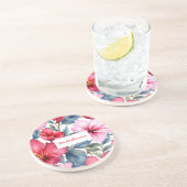 Rood Roze Bloemen Waterverf Elegant Zandsteen Onderzetter (Zijkant)