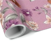 Rood & Roze bloemetjes op een Paarse Patroon Cadeaupapier (Rol Hoek)