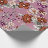 Rood & Roze bloemetjes op een Paarse Patroon Cadeaupapier (Hoek)