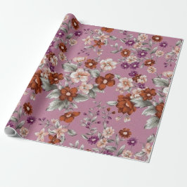 Rood & Roze bloemetjes op een Paarse Patroon Cadeaupapier
