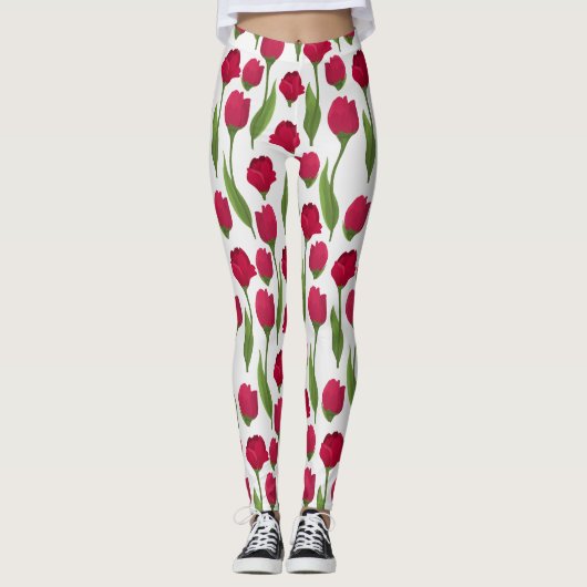  Rood Roze Botanische Rozen Leggings (Voorkant)