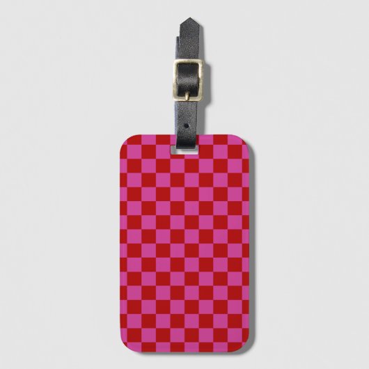 Rood + Roze Check Checkerboard Patroon Bagagelabel (Voorkant (verticaal))