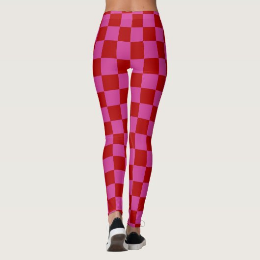 Rood + Roze Check Checkerboard Patroon Leggings (Achterkant)
