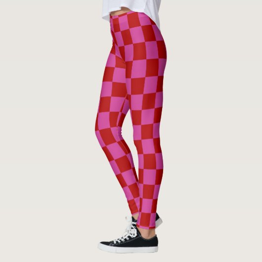 Rood + Roze Check Checkerboard Patroon Leggings (Links)