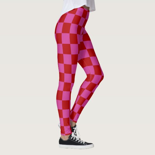 Rood + Roze Check Checkerboard Patroon Leggings (Rechts)