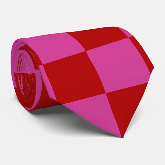 Rood + Roze Check Checkerboard Patroon Stropdas (Opgerold)
