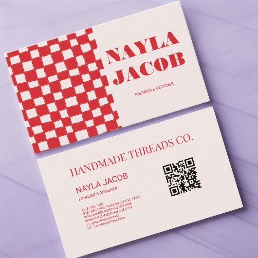 Rood Roze Checkerboard Patroon QR Code Handgemaakt Visitekaartje