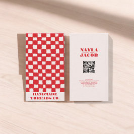 Rood Roze Checkerboard Patroon QR Code Handgemaakt Visitekaartje