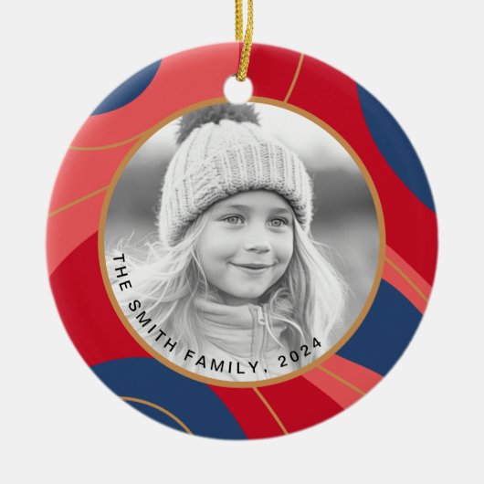 Rood roze donkerblauw retro kerst foto keramisch ornament (Voorkant)