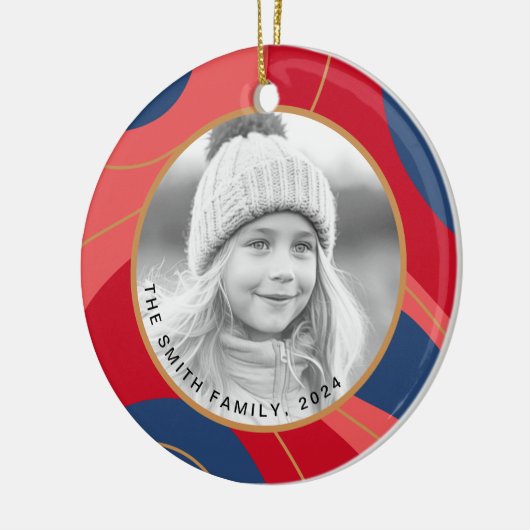 Rood roze donkerblauw retro kerst foto keramisch ornament (Links)