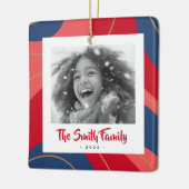 Rood roze donkerblauw retro kerstfoto keramisch ornament (Links)