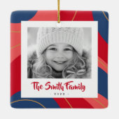 Rood roze donkerblauw retro kerstfoto keramisch ornament (Achterkant)