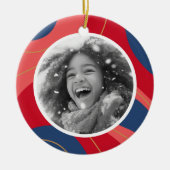 Rood roze donkerblauw retro kerstfoto keramisch ornament (Voorkant)