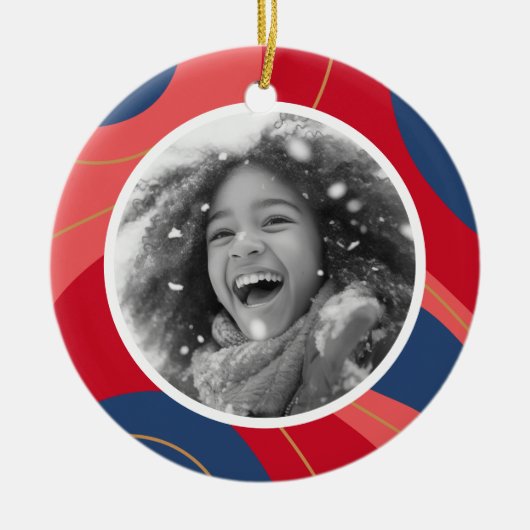 Rood roze donkerblauw retro kerstfoto keramisch ornament (Voorkant)