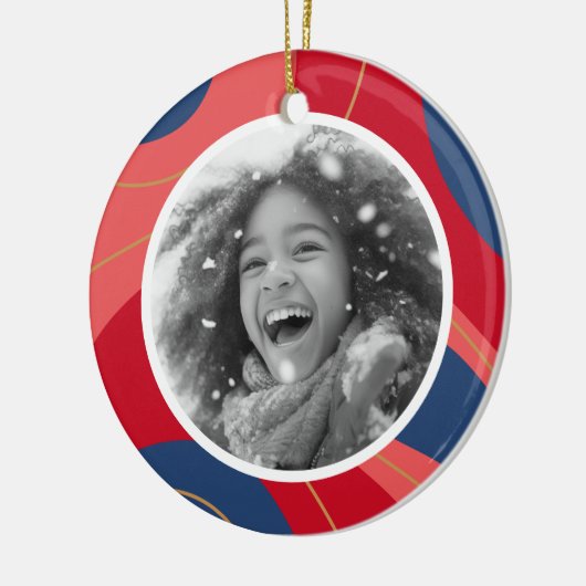 Rood roze donkerblauw retro kerstfoto keramisch ornament (Links)