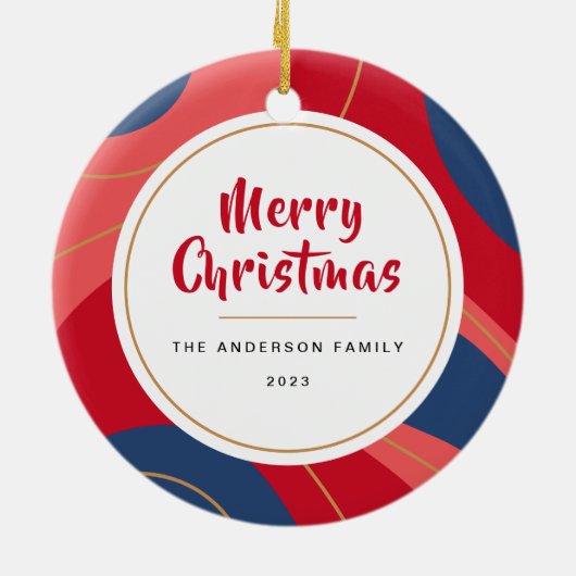 Rood roze donkerblauw retro kerstfoto keramisch ornament (Achterkant)