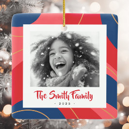 Rood roze donkerblauw retro kerstfoto keramisch ornament