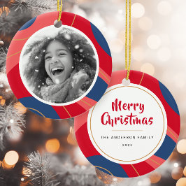 Rood roze donkerblauw retro kerstfoto keramisch ornament