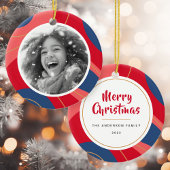 Rood roze donkerblauw retro kerstfoto keramisch ornament