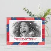 Rood roze donkerblauw retro vrolijk kerstfeest fot feestdagenkaart (Staand voorkant)