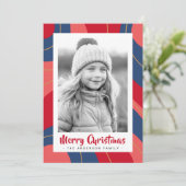 Rood roze donkerblauw retro vrolijk kerstfeest fot feestdagenkaart (Staand voorkant)