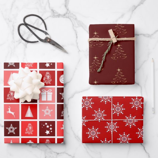 Rood, roze en bruin kerstcadeau inpakpapier vel (Voorkant)