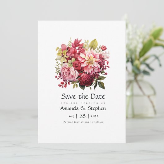 Rood, Roze, en Groene Bloemen Huwelijk Save The Date (Staand voorkant)