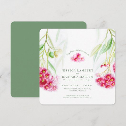 Rood roze eucalyptus gumnut waterverf bruiloft kaart (Voorkant / Achterkant)